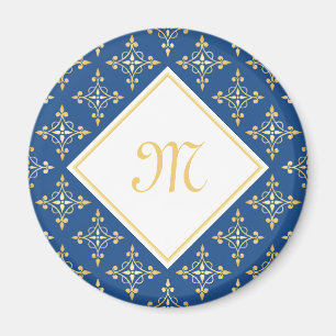 Aimant Monogramme de luxe Blue et Gold Quatre Floral