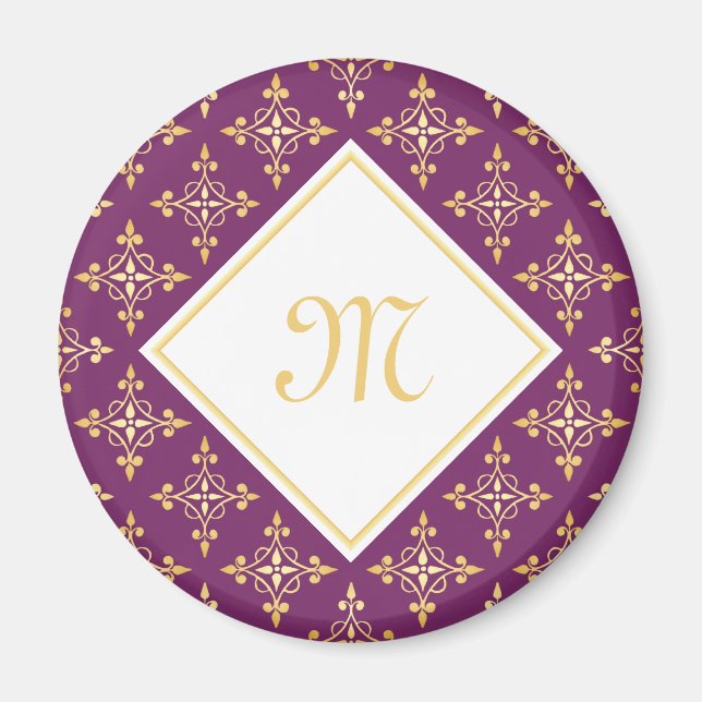 Aimant Monogramme de luxe violet et or Quatre Floral (Devant)