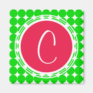 Aimant Monogramme de point de polka rouge et vert