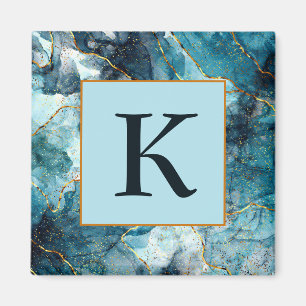 Aimant Monogramme en marbre pailleté bleu et or