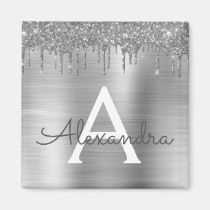 Aimant Monogramme en métal brossé avec paillettes argenté