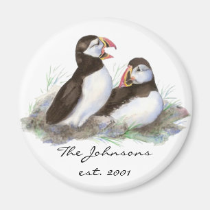 Aimant Monogramme familial personnalisé Cute Puffins