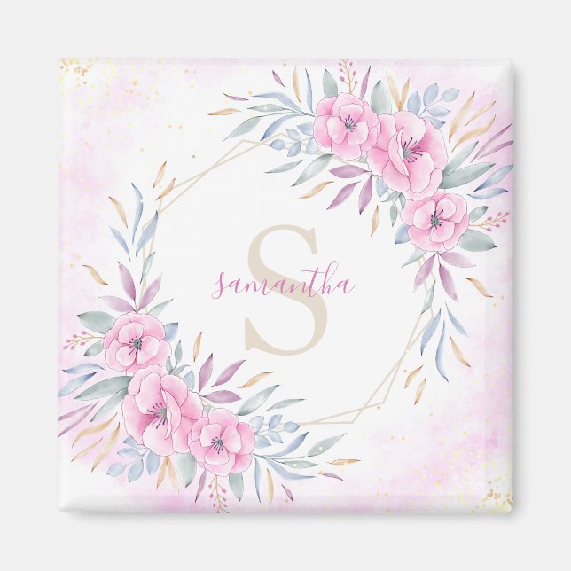 Aimant Monogramme Fleurs rose pâle Aquarelle Élégante (Devant)