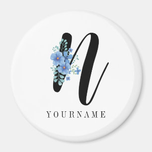 Aimant Monogramme floral N Fleur bleu éclate