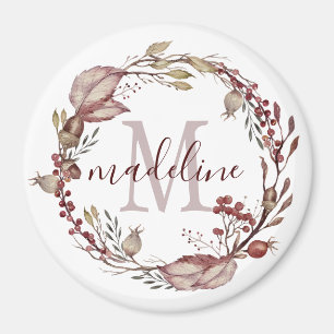 Aimant Monogramme floral personnalisé Feuillage rouge d'