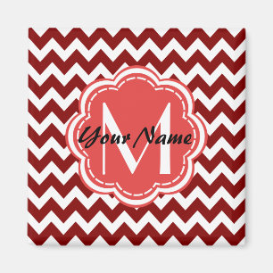 Aimant Monogramme floral rouge Chevron, Nom personnalisé