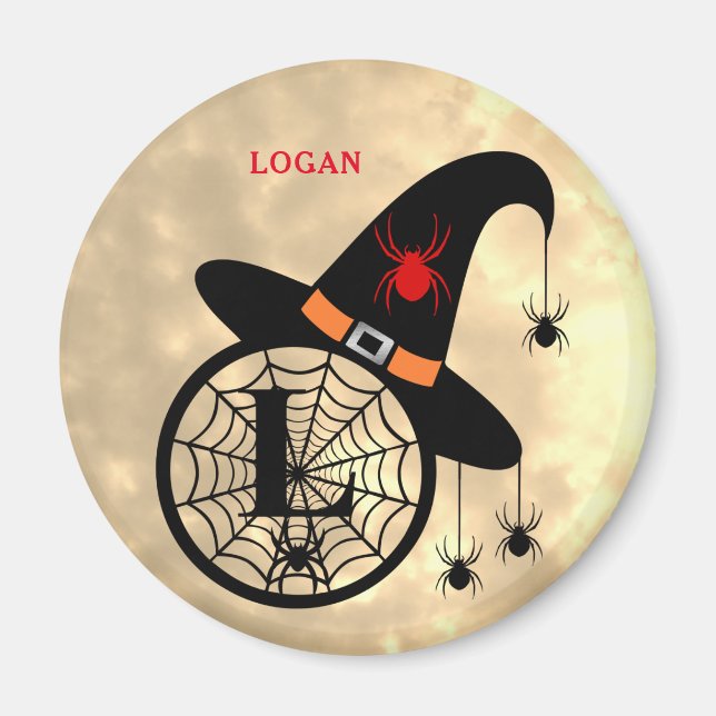 Aimant Monogramme L Halloween Ciel Sorcière Araignées Nom (Devant)