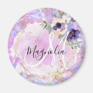 Aimant Monogramme Marbre Arc-en-ciel Violet, Rose & Or