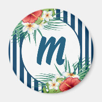 Monogramme moderne à rayures et fleurs bleues