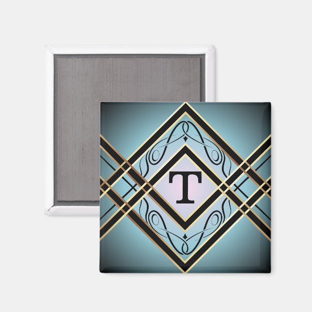 Aimant Monogramme moderne Art déco bleu élégant (Recto/Verso)
