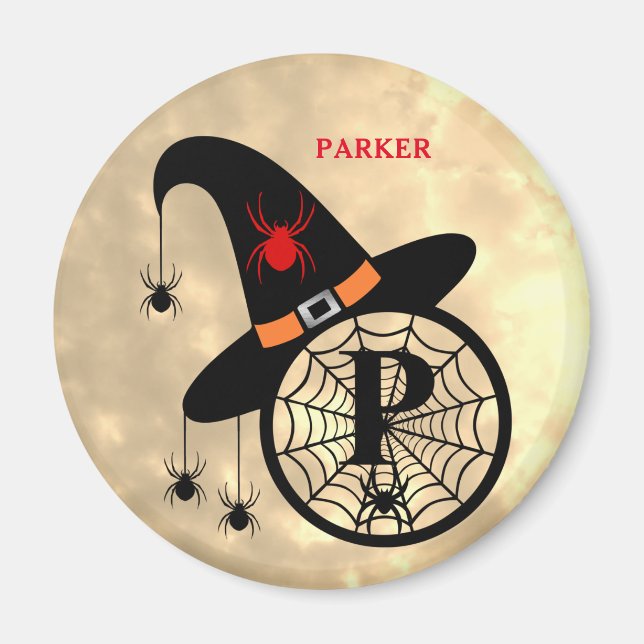 Aimant Monogramme P Halloween Ciel Sorcière Araignées Nom (Devant)