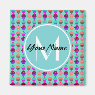 Aimant Monogramme personnalisé Aqua Cupcake