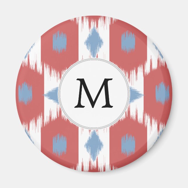 Aimant monogramme personnalisé Ikat rouge et bleu (Devant)