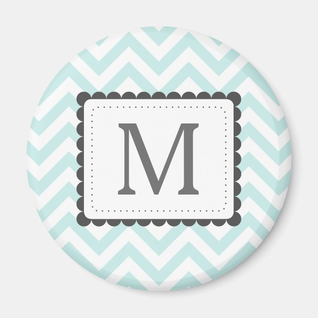 Aimant Monogramme Personnalisé Mint Bleu Et Blanc Chevron (Devant)