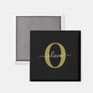 Aimant Monogramme personnalisé Nom du script Black White