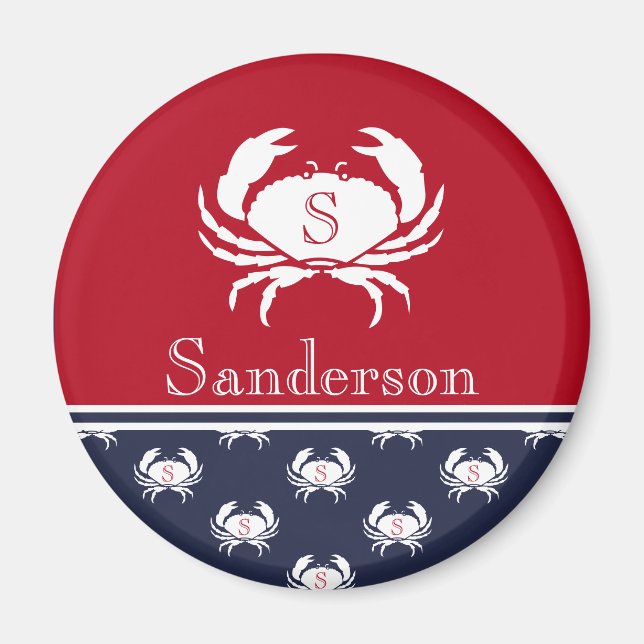 Aimant Monogramme Rouge Blanc Marine Bleu Crabe Nautique (Devant)