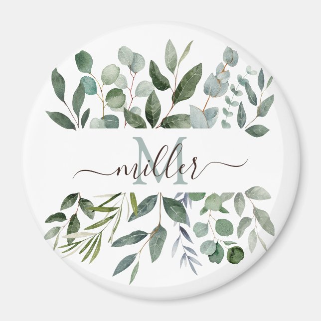 Aimant Monogramme Sage Green Eucalyptus Feuilles de verdu (Devant)