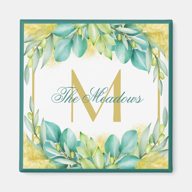 Aimant Monogramme Vert Eucalyptus Feuilles Branches d'oli (Devant)