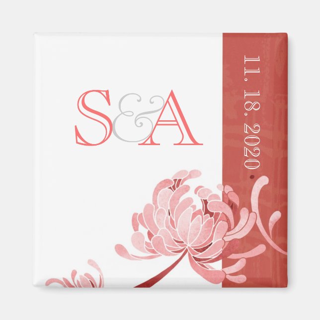 Aimant Monotone rose mariage floral Enregistrer la date (Devant)