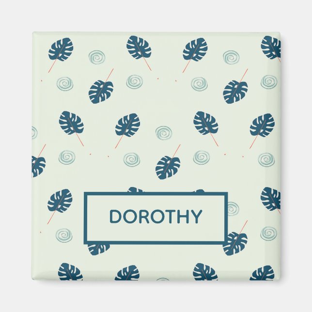 Aimant Monstère tropicale monogramme feuille sur bleu (Devant)