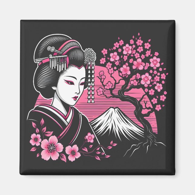 Aimant Mont Fuji de Geisha japonais Fleur de cerisier jap (Devant)
