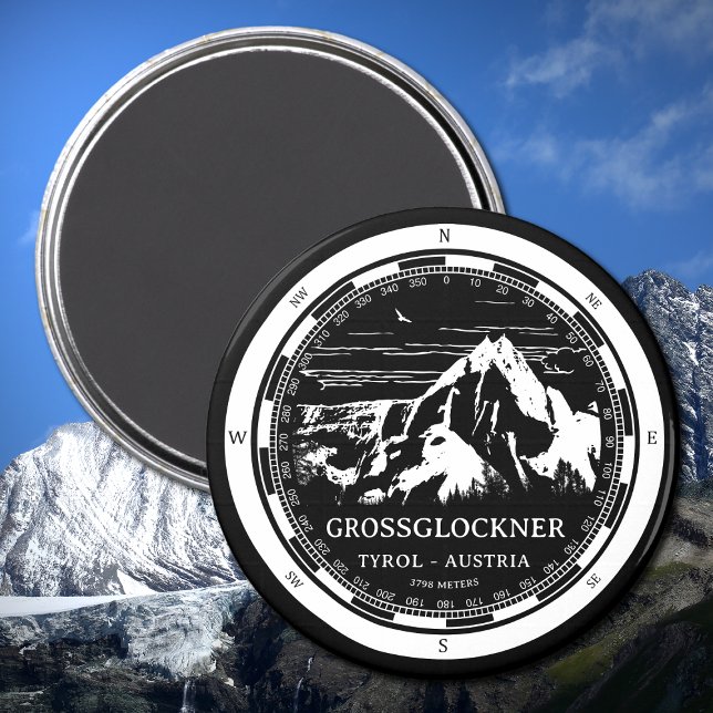 Aimant Mont Grossglockner - Tirol Autriche Alpes (Mount Grossglockner Magnet in Back with a white compass and mountain illustration)