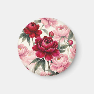 Aimant Motif aquarelle floral de pivoine rouge foncé et r