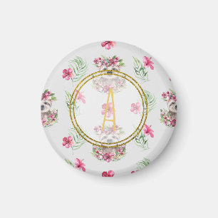 Aimant Motif de monogramme de paresseux floral pour la ch