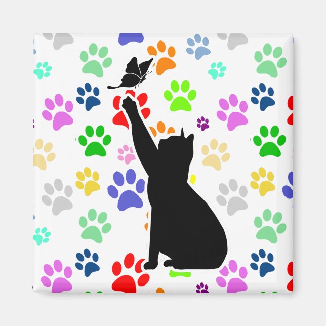 Aimant Motif de patte mignonne Chat poursuivant un papill (Devant)