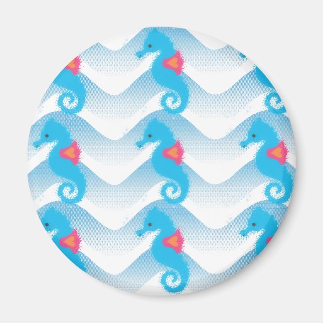 Aimant Motif Des Chevaux De Mer Et Des Vagues Bleues (Devant)