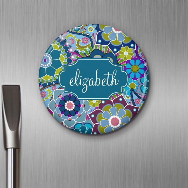 Aimant Motif floral funky avec nom personnalisé (Personalized Fridge Magnet - Add Custom Text)