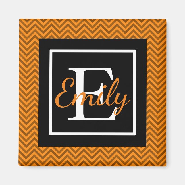 Aimant Motif orange et noir Monogramme Chevron (Devant)