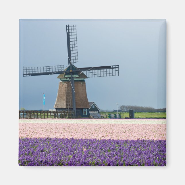 Aimant Moulin à vent traditionnel aux fleurs roses et vio (Devant)