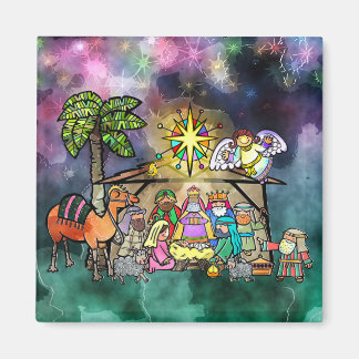 Aimant Nativité de Noël aquarelle Doodle Scène