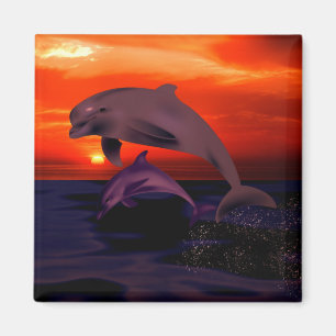 Aimant Nautical Jumping Dolphins Orange Ocean Sunset