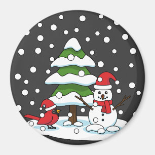 Aimant Neige tombant sur Cardinal, Snowman et Pine Tree