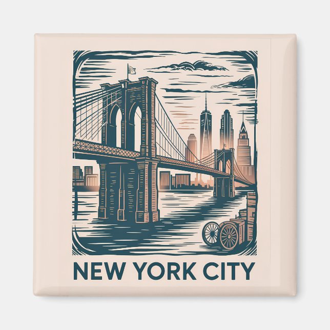 Aimant New York City Brooklyn Bridge Bold Retro Skyline (Devant)