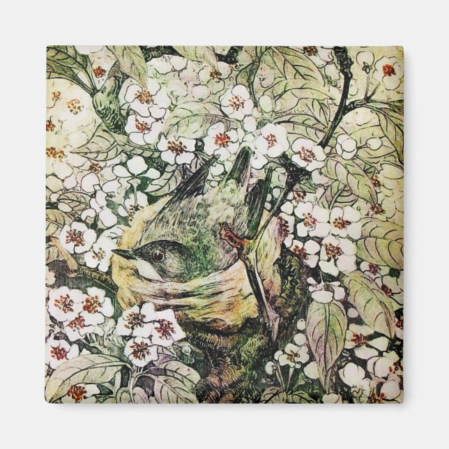 Aimant NID OISEAU, blanc brun vert jaune (Devant)