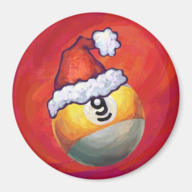 Aimant Nine Ball dans le chapeau de Santa sur fond rouge (Devant)