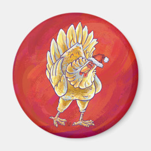 Aimant Noël au poulet sur fond rouge