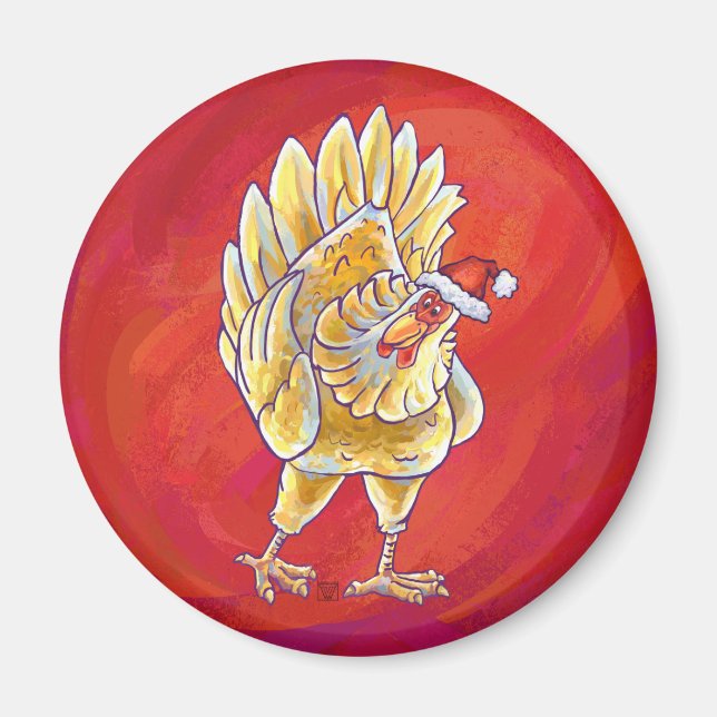 Aimant Noël au poulet sur fond rouge (Devant)