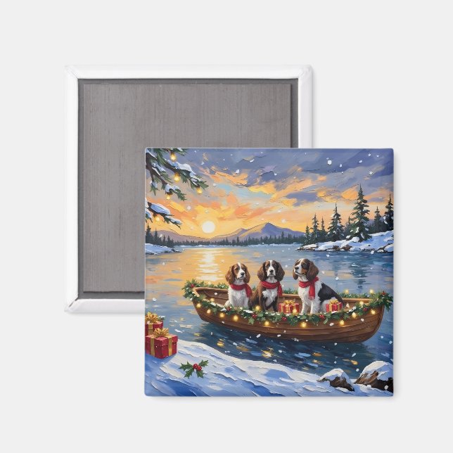 Aimant Noël en bateau avec un Brittany Spaniel (Recto/Verso)