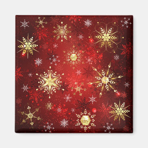 Aimant Noël Golden Snowflakes sur Arrière - plan rouge