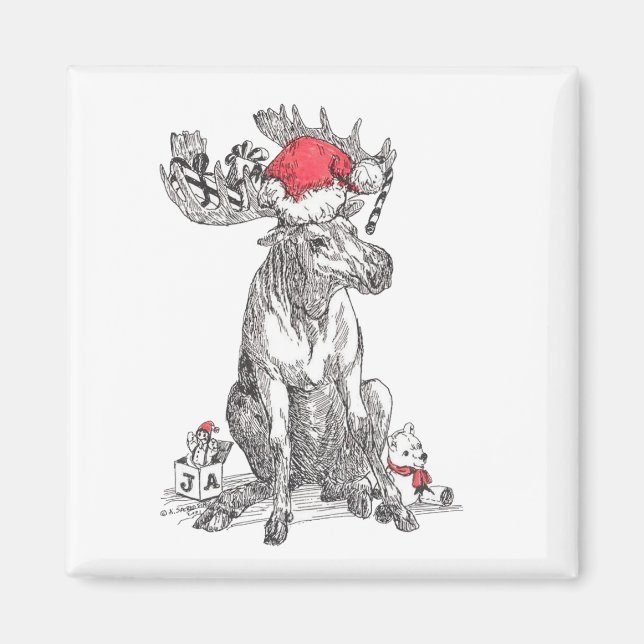 Aimant Noël Père Noël Moose assis avec des cadeaux Conçu (Devant)