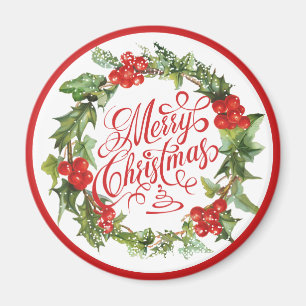 Aimant Noël Red Green Wreath Holly Ivy Typographie