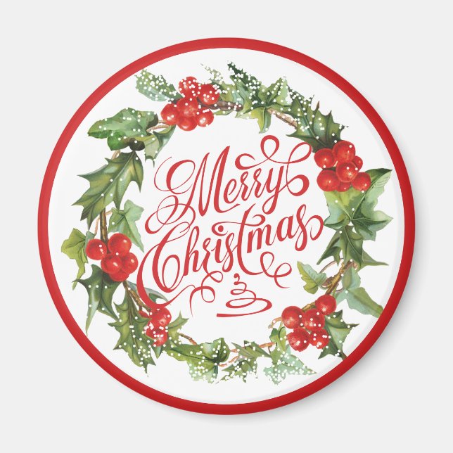 Aimant Noël Red Green Wreath Holly Ivy Typographie (Devant)