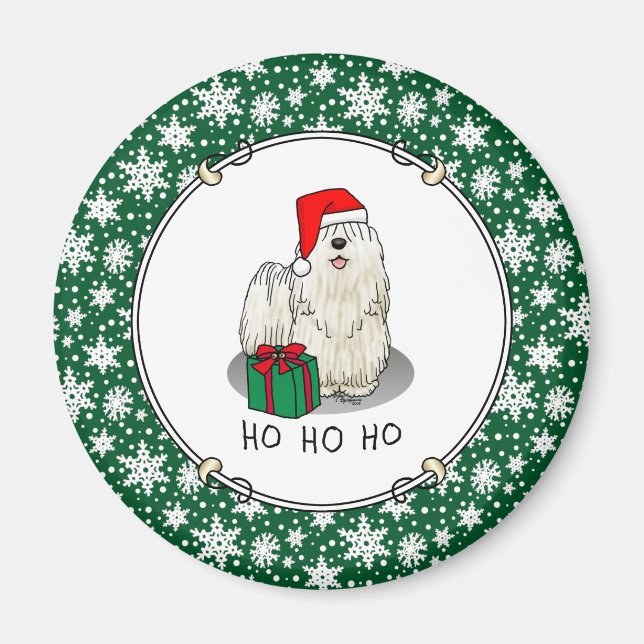 Aimant Noël Santa Hat Puli Chien (blanc) Mignonne Drôle (Devant)