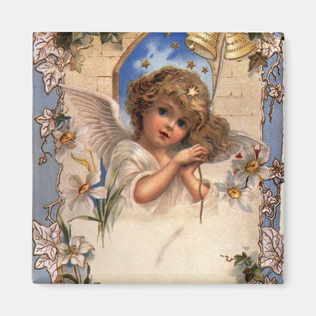 Aimant Noël vintage, Ange victorien avec cloches d'or (Devant)