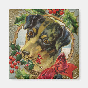 Aimant Noël vintage, Chien chiot de Dachshund avec Holly