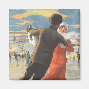 Aimant Noël vintage, couple romantique patinant sur glace